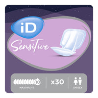Ontex iD Sensitive Form Maxi Night Shaped Pads pack of 30 with night-time pad graphic, front view.
