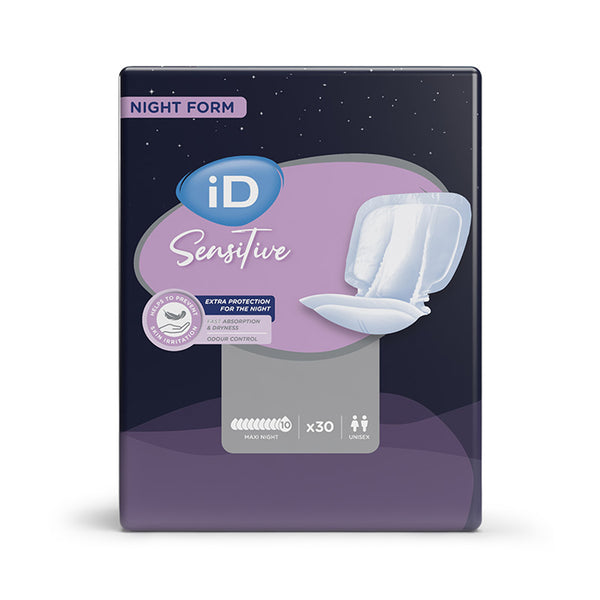 Ontex iD Sensitive Form Maxi Night Shaped Pads pack of 30 for urinary incontinence, extra night protection, front view.