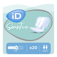 Ontex iD Sensitive Form Plus Shaped Pads size 6 plus pack of 20 for urinary incontinence front view.