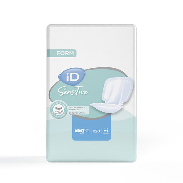 Ontex iD Sensitive Form Plus Shaped Pads pack of 20 with absorption, softness and odour control icons front view.