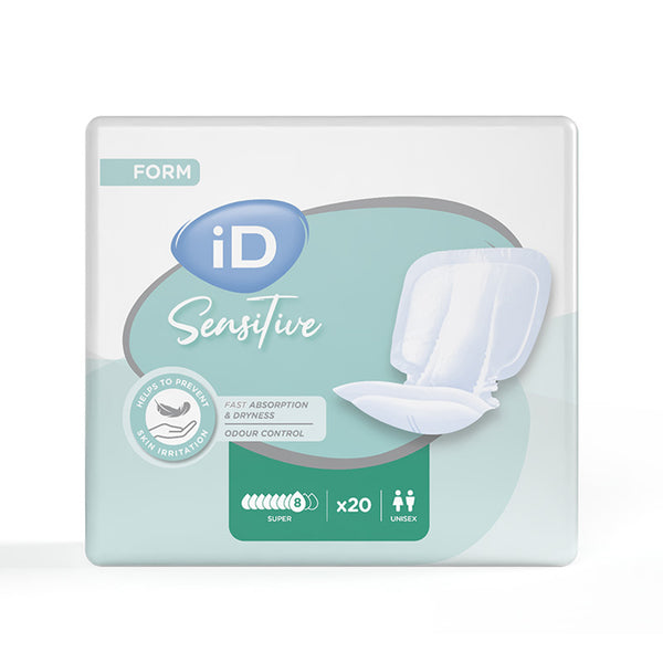 Ontex iD Sensitive Form Super Shaped Pads pack with one open pad, showing leak protection and odour control features, front view.