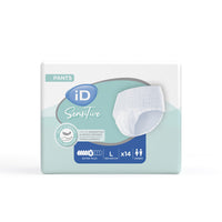 Ontex iD Pants Sensitive Extra Plus size L, pack of 14 unisex, underwear image on packaging, front view.