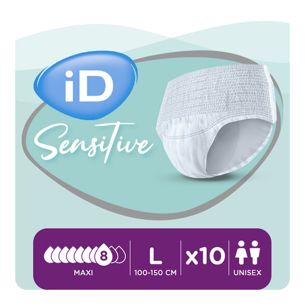 Ontex iD Pants Sensitive Maxi unisex pull-ups, size Large 100-150 cm, heavy absorbency, pack of 10, front view.