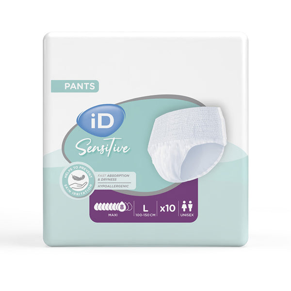 Ontex iD Pants Sensitive Maxi pull-ups, size L, unisex, heavy absorbency, pack of 10, front view.