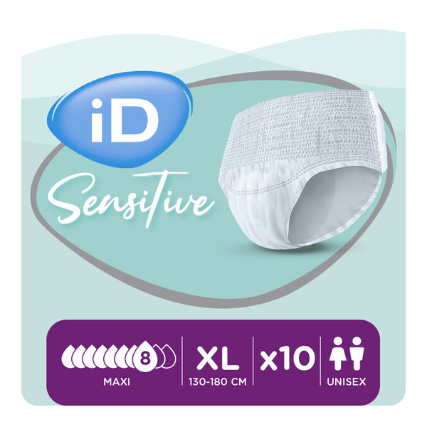 Ontex iD Pants Sensitive Maxi XL, heavy absorbency, pack of 10, for 130–180 cm waist, front view.