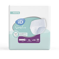 Ontex iD Pants Sensitive Maxi pack of 10, heavy absorbency disposable pull-up incontinence pants, front view.
