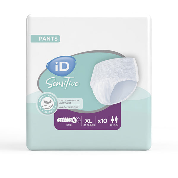 Ontex iD Pants Sensitive Maxi pack of 10, heavy absorbency disposable pull-up incontinence pants, front view.