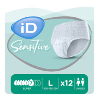 Ontex iD Pants Sensitive Super, large size, 12-pack, unisex pull-up underwear for urinary incontinence, super absorbent, front view.