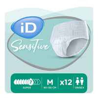 Ontex iD Pants Sensitive Super unisex pull-ups, size M 80-130 cm, 12 pack, super absorbency, front view.