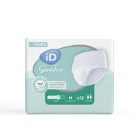Ontex iD Pants Sensitive Super medium pack, 12 unisex pull-ups for sensitive skin and incontinence, front view.