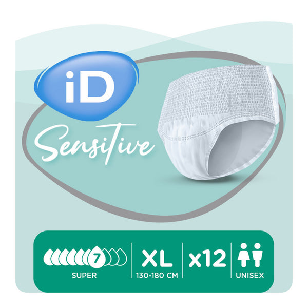 Ontex iD Pants Sensitive Super XL, pack of 12, waist 130-180 cm, level 7 absorbency for urinary incontinence, front view.