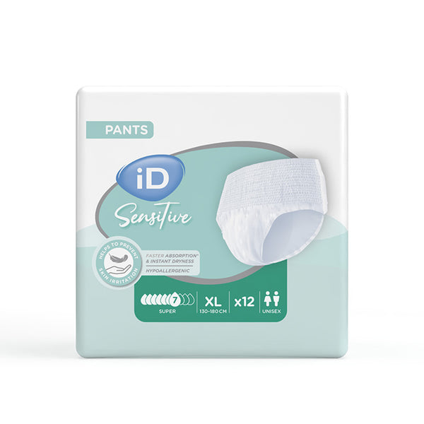 Ontex iD Pants Sensitive Super XL unisex pack of 12 hypoallergenic pull-ups for urinary incontinence, super absorbent, front view.