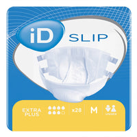 Ontex iD Slip Extra Plus All-in-One Briefs size M 28 pack, packaging with unisex and absorbency icons, front view.