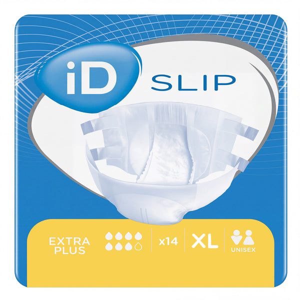 Ontex iD Slip Extra Plus All-in-One disposable adult diapers, pack of 14, high absorbency, front view.