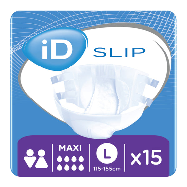 Ontex iD Slip Maxi All-in-One Briefs, Large 115-155 cm, 15 pack, unisex maximum protection with icons, front view.