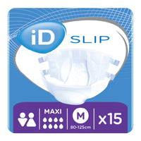 Ontex iD Slip Maxi All-in-One Briefs, size M, 15-pack, waist 80-125 cm, max protection, front view.
