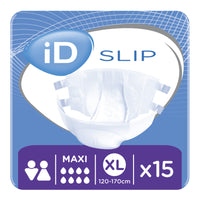 Ontex iD Slip Maxi All-in-One Briefs XL pack, 15 pieces, fits 120-170 cm waist, max protection, front view.