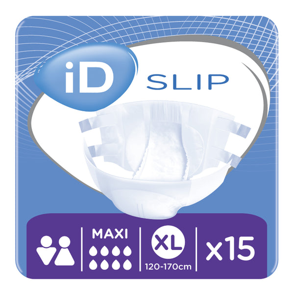 Ontex iD Slip Maxi All-in-One Briefs XL pack, 15 pieces, fits 120-170 cm waist, max protection, front view.