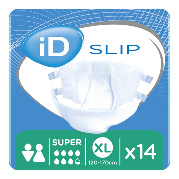 Ontex iD Slip Super All-in-One Briefs XL pack of 14 for incontinence, fits 120-170 cm waist, front view.