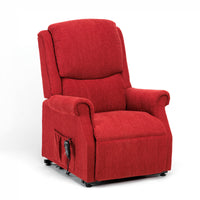 Restwell Indiana single motor riser recliner chair with padded arms and side pocket, white background, front view.