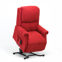 Restwell Indiana single motor electric riser recliner chair with armrest controls and metal lift, white background, front view.