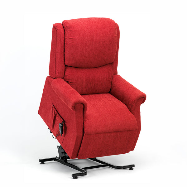 Restwell Indiana single motor electric riser recliner chair with armrest controls and metal lift, white background, front view.