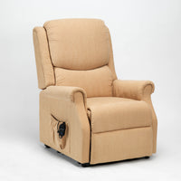 Restwell Indiana single motor electric riser recliner chair with left-side remote pocket on white background, front view.