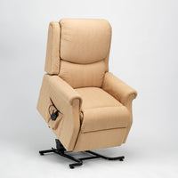 Restwell Indiana single motor riser recliner chair with remote, partially elevated on plain background, front view.