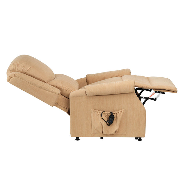 Restwell Indiana Riser Recliner Chair fully extended with remote in side pocket, side view.