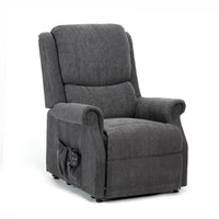 Restwell Indiana single motor electric riser recliner chair with padded arms, remote, and side pocket, white background, front view.