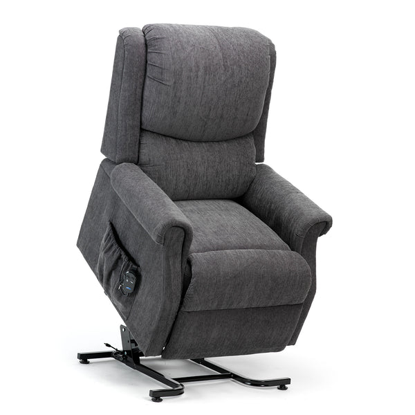 Restwell Indiana Recliner with sturdy black base, lift assist, side pocket, and remote, single motor design, front view.