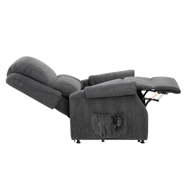 Restwell Indiana riser recliner chair, electric with side pocket and remote control, front view.