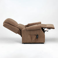 Restwell Indiana single motor recliner chair with footrest and side pocket, front angle.