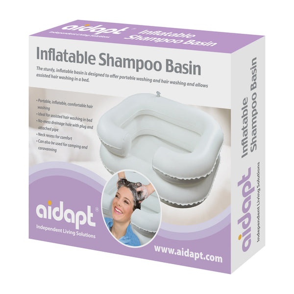 Aidapt Inflatable Hair Wash Basin box with photo showing woman having hair washed in basin, in use view.