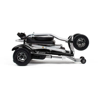 Drive Instafold Folding Mobility Scooter with silver frame, folded on its side against a white background, side view.