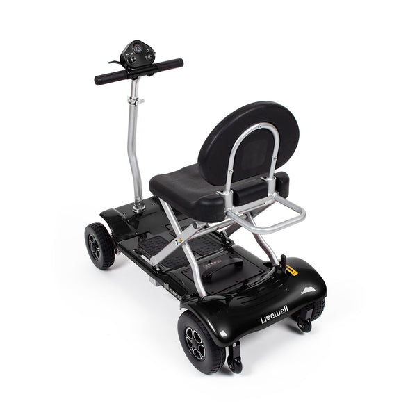 Drive Instafold Folding Mobility Scooter with four wheels, padded seat and rear handlebars, side view.