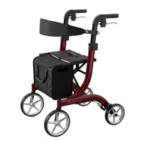 Integrity Aries Premium Rollator with padded seat, storage bag and hand brakes, side view.