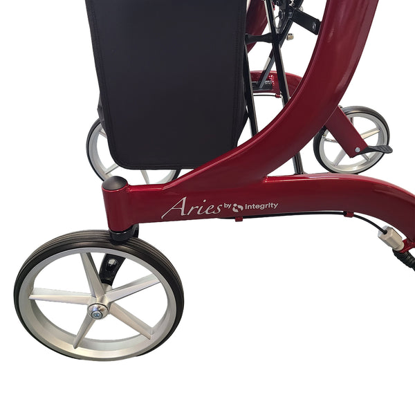 Integrity Aries Premium Rollator by Integrity Mobility Solutions with large wheels and adjustable handles, close-up.