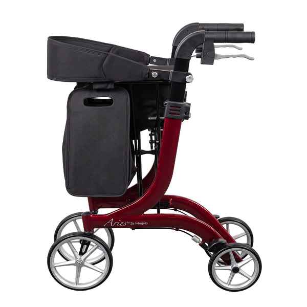 Integrity Mobility Solutions Aries Premium Rollator with 4 wheels, padded seat, storage bag, hand brakes, adjustable handles, front view.