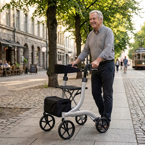 Older man using Integrity Leo Premium Rollator with adjustable handles, walking on sunny pavement, side view.