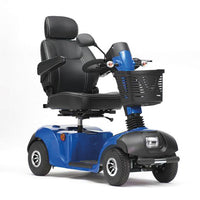 Drive Journey Scooter with cushioned seat, armrests and front basket on white background, front angle.