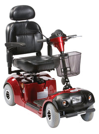 Drive Journey Scooter with padded seat, armrests, front basket and four wheels, 20-mile range front view.