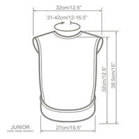 Care Designs Junior tabard style bib with size details in cm and inches, machine washable, front view.