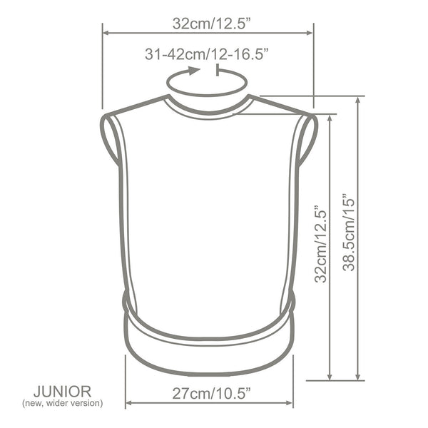 Care Designs Junior tabard style bib with size details in cm and inches, machine washable, front view.