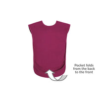 Junior tabard style bib with sleeveless design and fold-over front pocket, front view.
