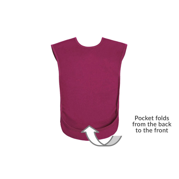 Junior tabard style bib with sleeveless design and fold-over front pocket, front view.