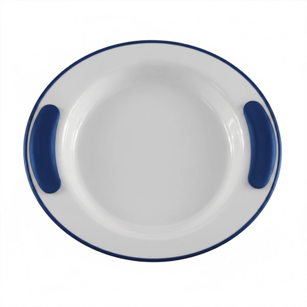 ORNAMIN Keep Warm Plate, white melamine with blue rim and two handles, break-proof, on white background, top view.