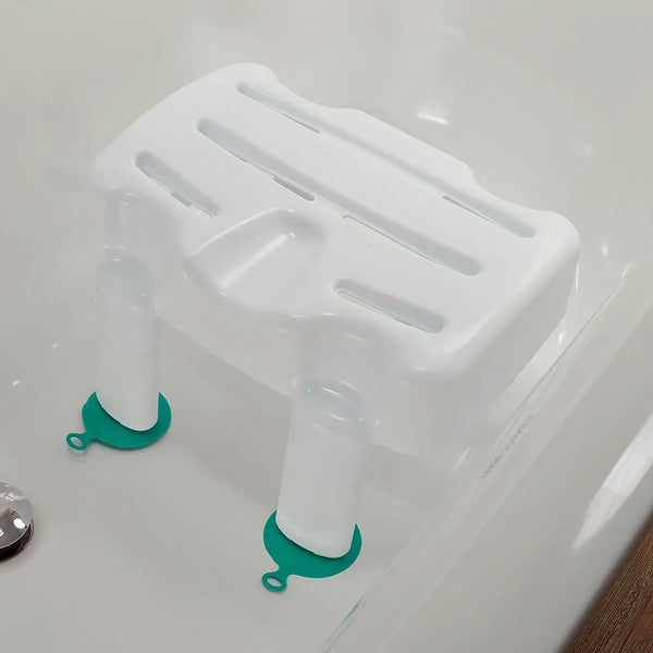 Plastic bath seat with non-slip suction cups for stable support in the tub, shown in a front view.