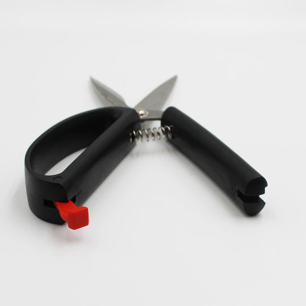 Easi-Grip Kitchen Shears with safety lock and self-opening feature, partially open on white background, angled view.