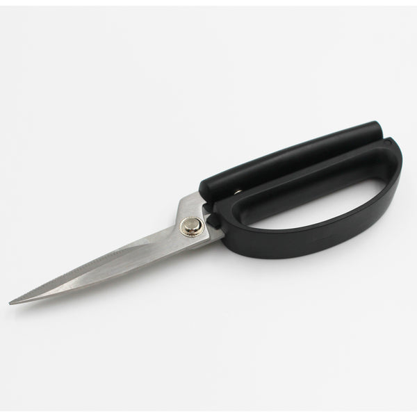 Easi-Grip Kitchen Shears with spring action and stainless blades on a white background, side view.